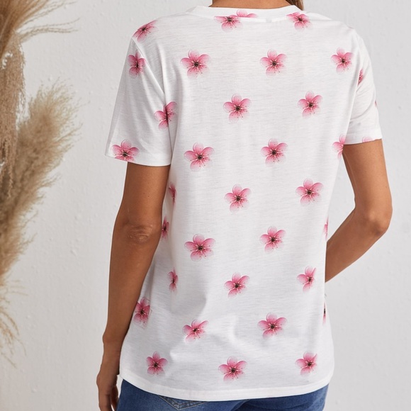 Pink White Tropical Floral Print Casual Short Sleeve Top Shirt MEDIUM - Picture 2 of 7
